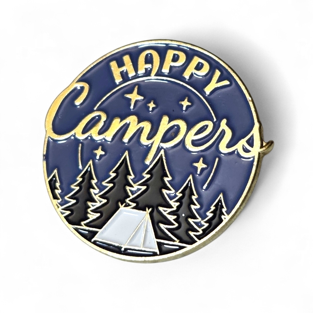 Happy Campers Enamel Pin - Midnight Forest & Stargazing Scene Hiker Camper NWOT